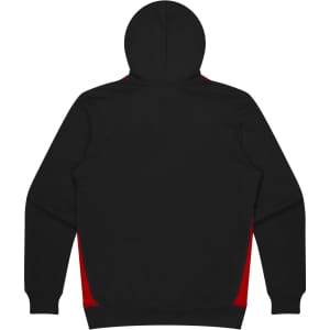 A black hoodie with red side panels and a hood, featuring a logo on the front.