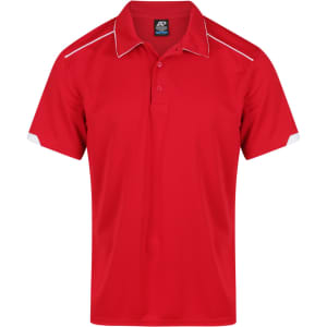 A red men's polo shirt with white accents and a logo on the front. Short-sleeved design.