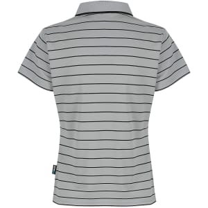 A polo shirt in grey with alternating thin black stripes and a collar, featuring a logo on the side.