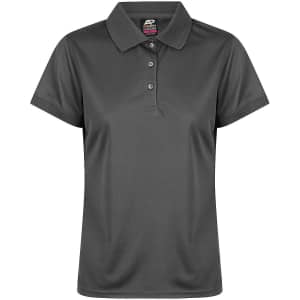 A grey women's polo shirt featuring a classic collar and buttons, complete with a logo.