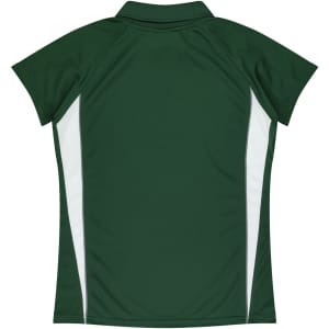 A green polo shirt with white side panels and a short collar, featuring a logo on the back.
