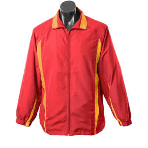 A red and yellow tracktop with long sleeves and a zip front, featuring elasticised cuffs and a collar.