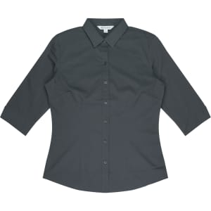 A dark grey button-up shirt with 3/4 sleeves and a fitted design, featuring a collar and buttons.