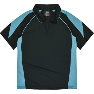 A black and teal polo shirt with a collar and a logo on the neck area. The shirt features contrasting side panels.
