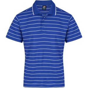 A blue and white striped polo shirt featuring a branded logo on the chest.