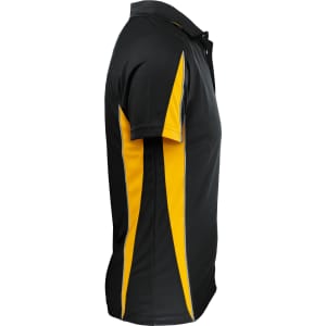 A black and yellow polo shirt featuring a side design and a collar, with a logo on the chest.