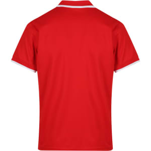 A red polo shirt with a white collar and sleeve accents, featuring a logo.