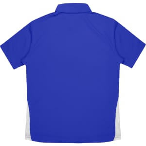 A blue polo shirt with white side panels. The shirt features a collar and a logo.