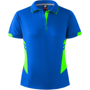 A blue polo shirt with neon green accents and a logo. It features a collared neck and short sleeves.