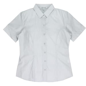 A light grey short-sleeve button-up shirt with a fitted design and a collar, featuring a branding logo.