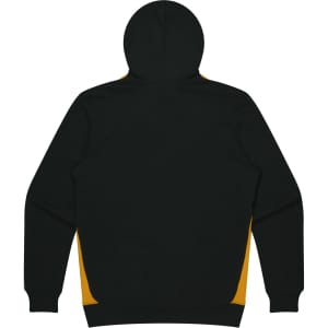 A black hoodie with yellow side panels and a hood. It features a logo on the design.