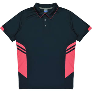 A navy polo shirt with pink accents and stripes, featuring a collar and button placket. It has a logo on the front.
