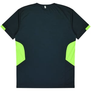 A T-shirt featuring a black base with bright green accents on the sides and a logo on the back.