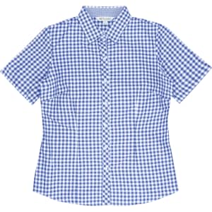 A short-sleeve button-up shirt with a blue and white gingham check pattern, featuring a branded label.