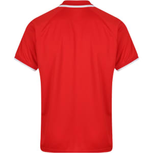 A red polo shirt featuring a white trim and a logo on the back.
