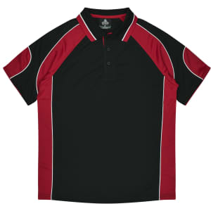 A black and red polo shirt featuring a sporty design and a logo. Suitable for casual wear.