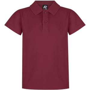 A maroon polo shirt with a collar and short sleeves, featuring a logo on the label.