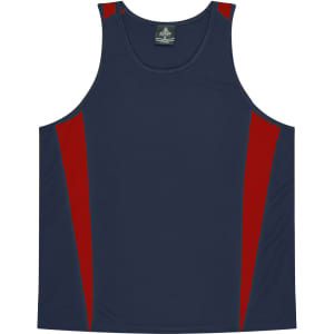 A navy singlet with red side panels, featuring a logo at the neckline. Suitable for casual wear or sports.
