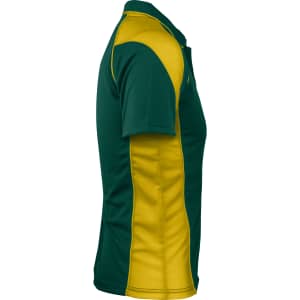 A green and yellow polo shirt with a side view, featuring a logo on the chest area.