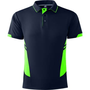 A navy blue polo shirt with vibrant green accents and a subtle logo on the chest area.
