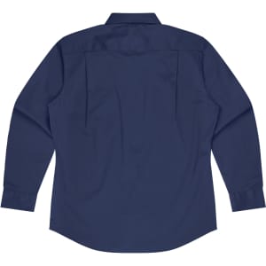 A long sleeve button-up shirt in navy blue, featuring a back view with a logo present.