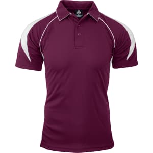 A maroon polo shirt with white accents and a logo on the chest area.