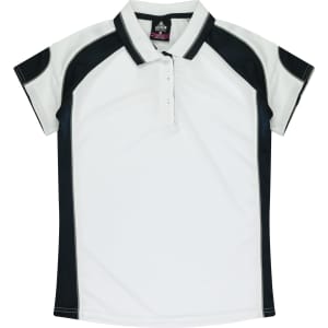 A white polo shirt with black accents and short sleeves, featuring a collar and buttons. It has a logo.
