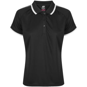 A black polo shirt featuring a collared neck and contrasting trim, designed for women. It includes a logo on the chest area.