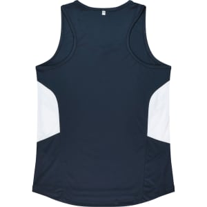 A dark navy singlet with white side panels and a small logo on the back.