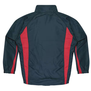 A dark green tracktop featuring red side stripes and a stand-up collar. The back is plain without any text or logos.