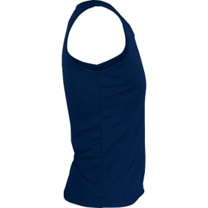A navy blue men's singlet with a fitted design and a rounded neckline, featuring a logo.