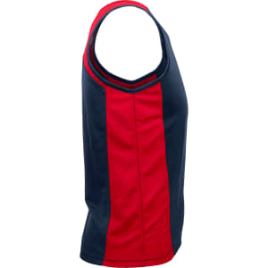 A singlet featuring a red and navy colour scheme, with a logo on the side.