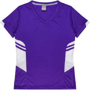 A purple women's t-shirt with white accents and a v-neck design, featuring a logo on the label.