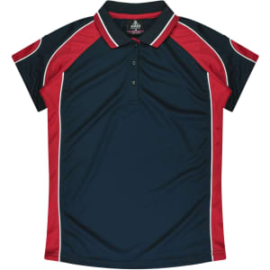 A navy and red polo shirt with a collar, featuring short sleeves and a branding logo.