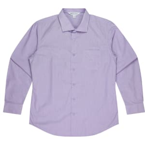 A long sleeve button-up shirt in light purple, featuring a chest pocket and a logo on the label.