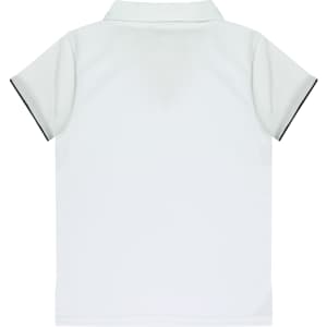 A white polo shirt with black trim, featuring a collar and short sleeves. It has a logo on the side.