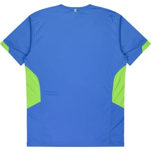 A blue t-shirt featuring green accents on the sides and a brand logo. Suitable for kids.