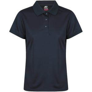 A navy blue women's polo shirt with a collar and three buttons, featuring a logo.