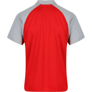 A red and grey polo shirt with short sleeves and a mesh design. Features a logo on the front.