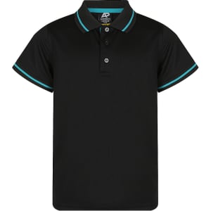 A black polo shirt with turquoise detailing on the collar and sleeves. It features a logo on the chest.