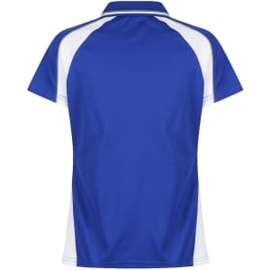 A blue polo shirt featuring white accents, with a classic collar and short sleeves. It includes a logo.