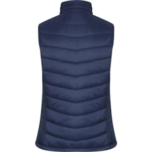 A navy puffer vest with a high collar and quilted design, featuring a branding logo.
