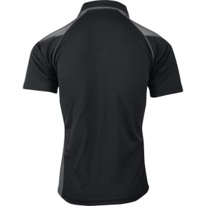 A black polo shirt with a contrasting grey design, featuring a collar and short sleeves. It has a logo on the chest.