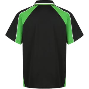 A black and green polo shirt featuring a contrasting design and a logo on the back.