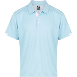 A light blue polo shirt with a collar and short sleeves, featuring white accents and a logo.