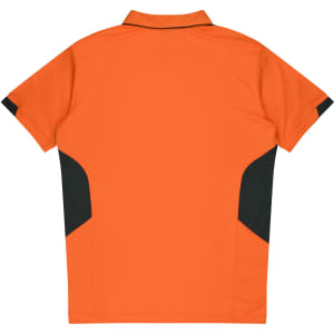 An orange polo shirt with black side panels, featuring a classic collar and short sleeves. It has a logo.