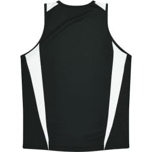 A black singlet with white panels on the sides and a logo on the back.
