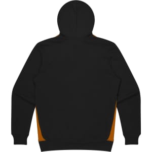 A black hoodie featuring orange accents on the sides and a hood. Includes a logo.