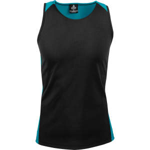 A black singlet with turquoise accents, featuring a logo on the tag. Suitable for men's casual wear.