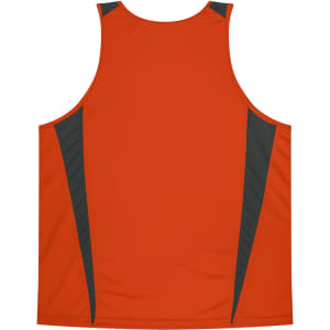 An orange singlet featuring dark grey side panels and a logo. Designed for kids, suitable for active wear.